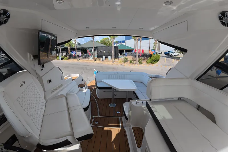  Yacht Photos Pics 2021 Sea Ray Sundancer 350 Coupe interior with luxurious seating and modern amenities.