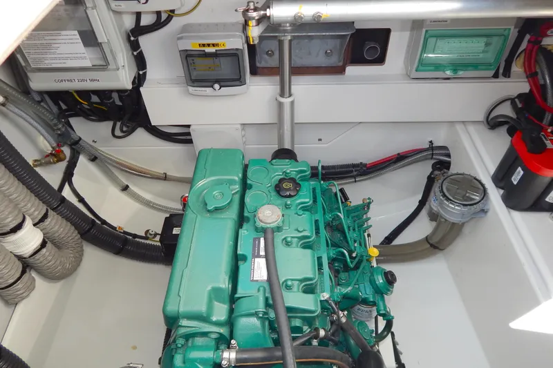  Yacht Photos Pics Engine compartment of 2023 Fountaine Pajot Catamaran Elba 45, showcasing mechanical components.