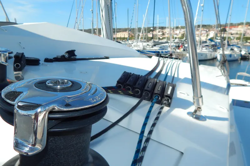  Yacht Photos Pics 2023 Fountaine Pajot Catamaran Elba 45 deck with winch and rigging details.