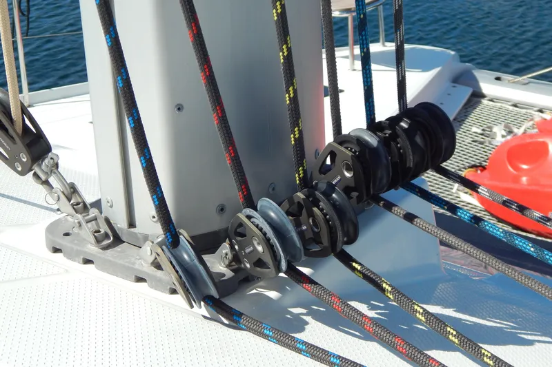  Yacht Photos Pics Close-up of rigging and pulleys on 2023 Fountaine Pajot Catamaran Elba 45.