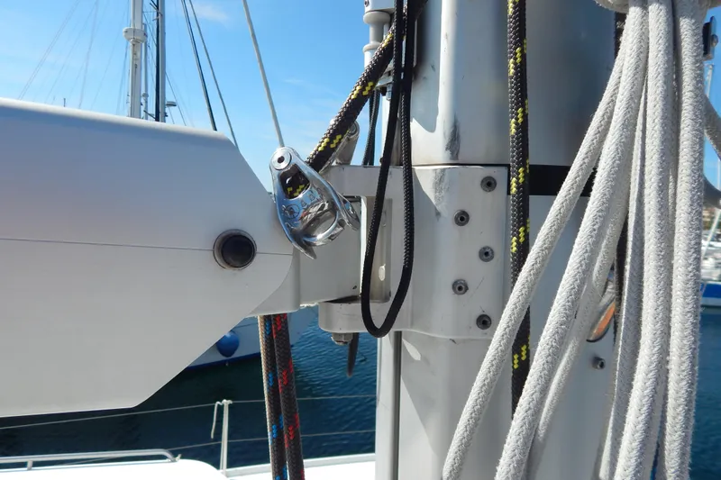  Yacht Photos Pics Close-up of 2023 Fountaine Pajot Catamaran Elba 45 mast and rigging details.