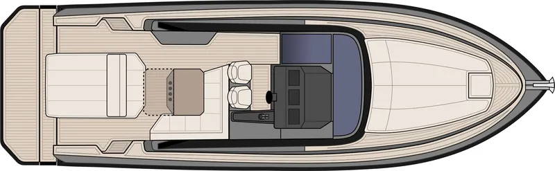  Yacht Photos Pics Top view of 2025 Focus 3X boat layout, featuring seating and control area.