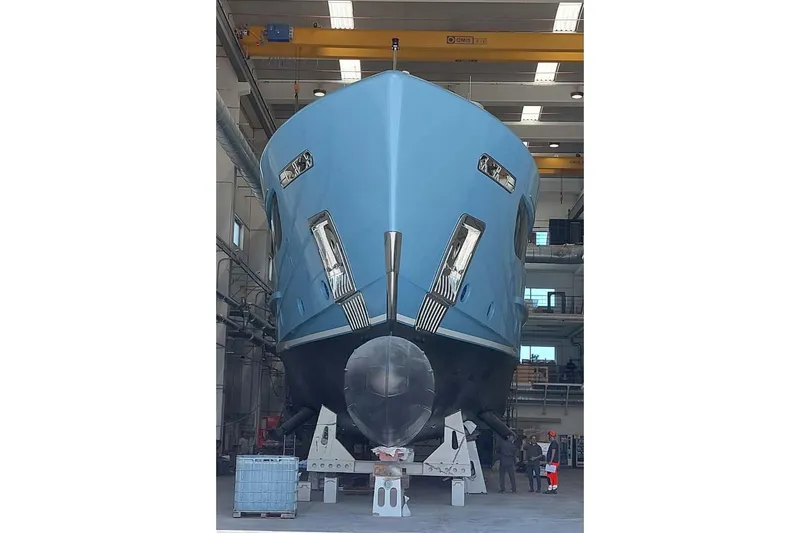 Presence Yacht Photos Pics Cantiere Delle Marche Acciaio 130 yacht in shipyard, 2026 model, under construction.