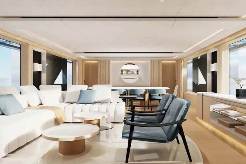 Presence Yacht Photos Pics Luxurious interior of 2026 Cantiere Delle Marche Acciaio 130 yacht, featuring modern seating and elegant decor.