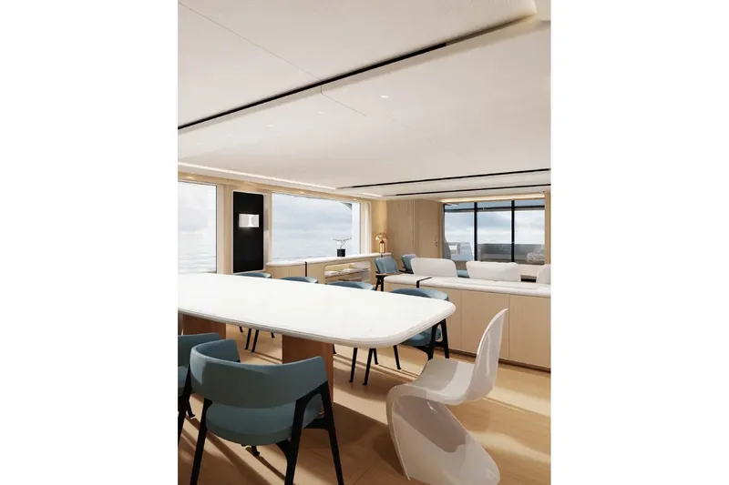 Presence Yacht Photos Pics Luxurious interior of 2026 Cantiere Delle Marche Acciaio 130 yacht with modern dining area.