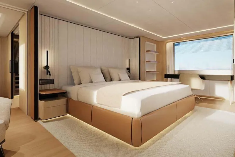 Presence Yacht Photos Pics Luxurious bedroom interior of 2026 Cantiere Delle Marche Acciaio 130 yacht.