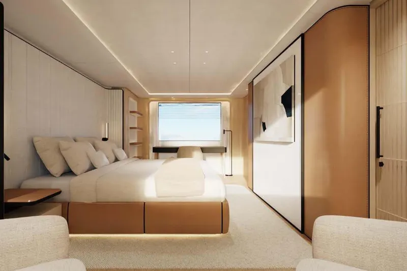 Presence Yacht Photos Pics Luxurious bedroom interior of 2026 Cantiere Delle Marche Acciaio 130 yacht.