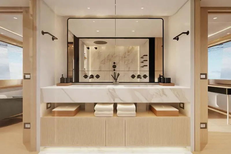 Presence Yacht Photos Pics Luxurious bathroom interior on Cantiere Delle Marche Acciaio 130 yacht, 2026 model.