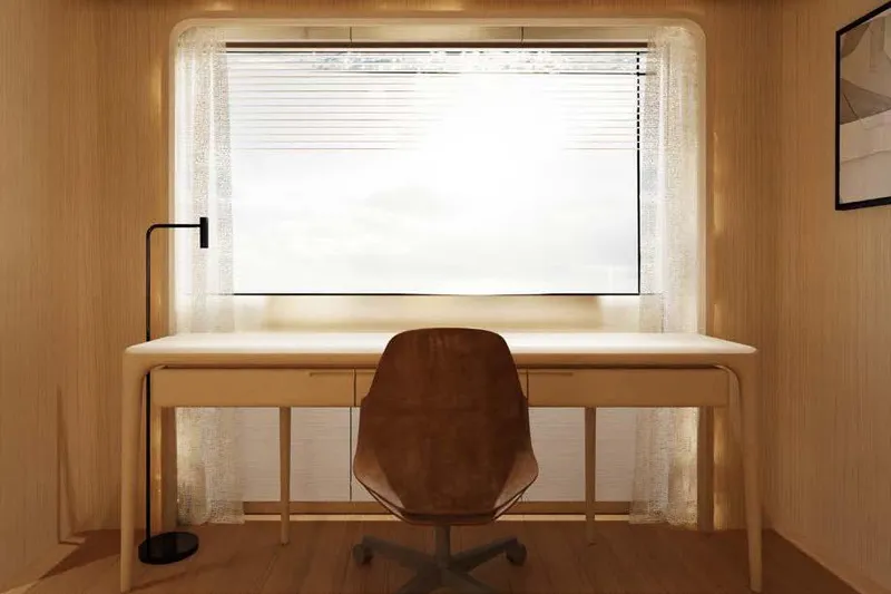 Presence Yacht Photos Pics Modern study area on Cantiere Delle Marche Acciaio 130 yacht, 2026 model.