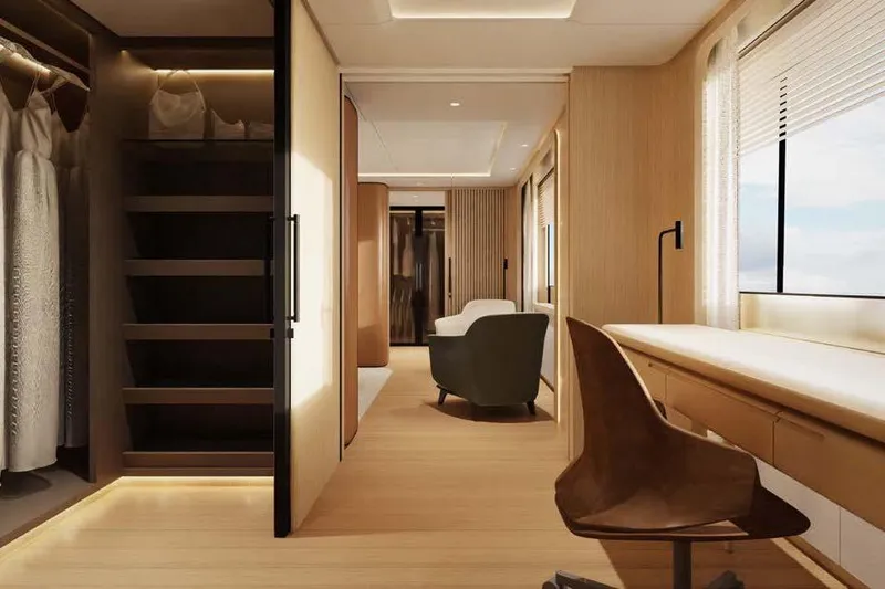 Presence Yacht Photos Pics Luxurious interior of 2026 Cantiere Delle Marche Acciaio 130 yacht, featuring modern design and elegant furnishings.