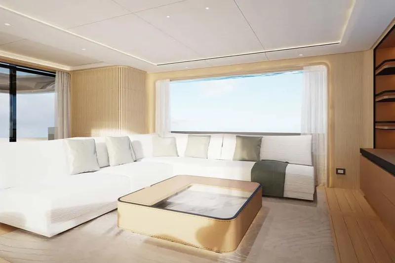 Presence Yacht Photos Pics Luxurious interior of 2026 Cantiere Delle Marche Acciaio 130 yacht with modern seating and large window.