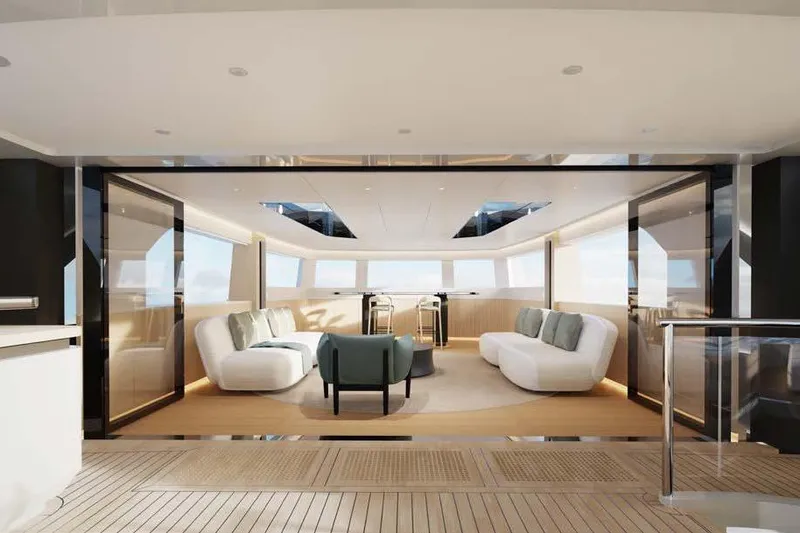 Presence Yacht Photos Pics Luxurious interior of 2026 Cantiere Delle Marche Acciaio 130 yacht, featuring elegant seating and modern design.