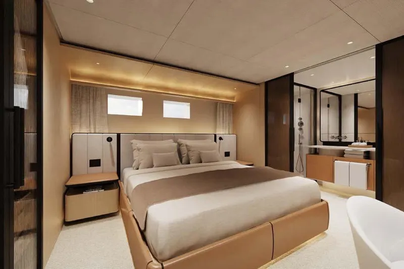 Presence Yacht Photos Pics Luxurious bedroom interior of 2026 Cantiere Delle Marche Acciaio 130 yacht.