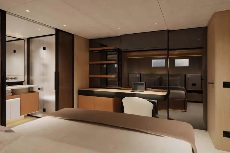 Presence Yacht Photos Pics Luxurious interior of 2026 Cantiere Delle Marche Acciaio 130 yacht cabin.
