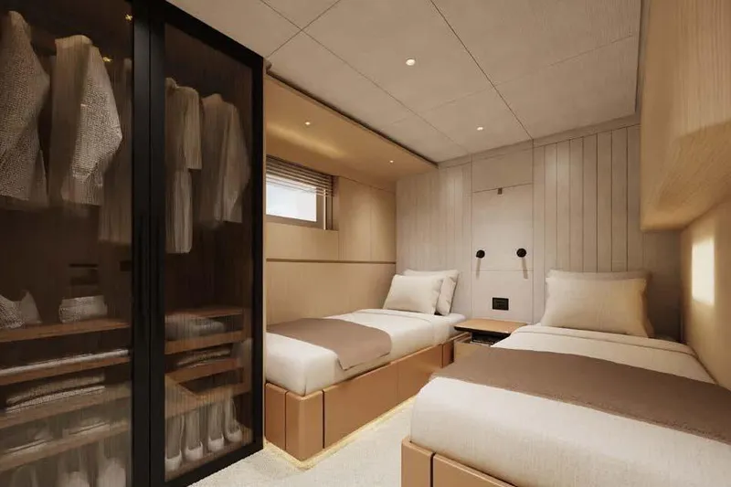Presence Yacht Photos Pics Luxurious twin bedroom on Cantiere Delle Marche Acciaio 130 yacht, 2026 model.