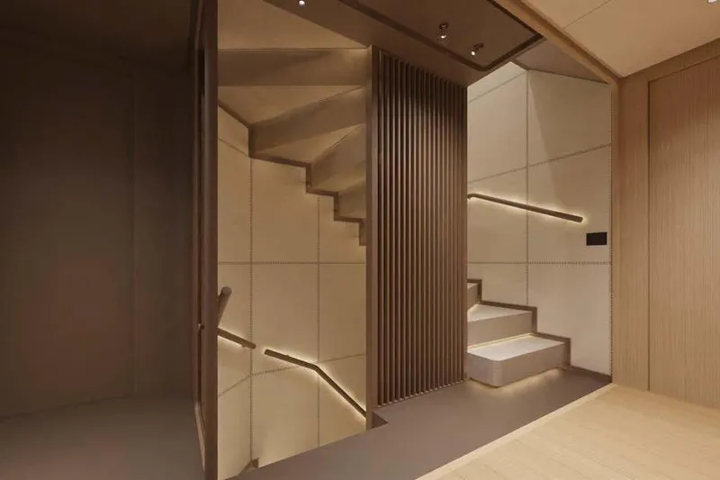 Presence Yacht Photos Pics Modern interior staircase on Cantiere Delle Marche Acciaio 130 yacht, 2026 model.