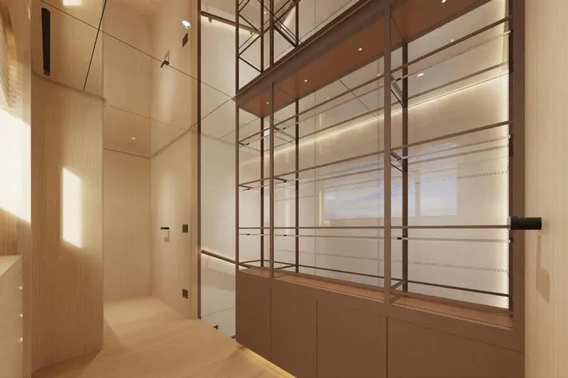 Presence Yacht Photos Pics Luxurious interior of 2026 Cantiere Delle Marche Acciaio 130 yacht, featuring modern design and lighting.