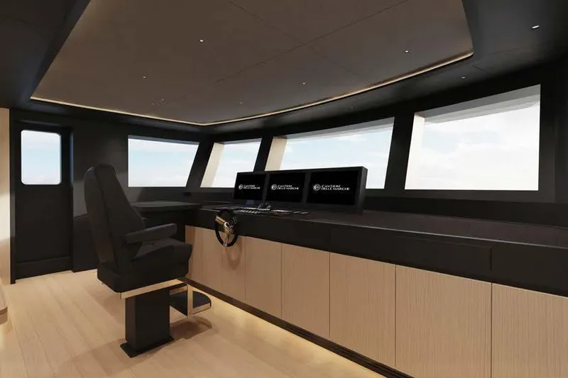 Presence Yacht Photos Pics Modern helm of 2026 Cantiere Delle Marche Acciaio 130 yacht with sleek design and advanced controls.