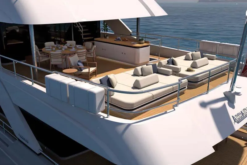 Presence Yacht Photos Pics Luxurious 2026 Cantiere Delle Marche Acciaio 130 yacht deck with seating and dining area.