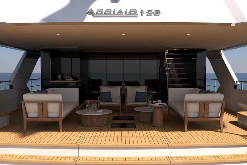 Presence Yacht Photos Pics Luxurious 2026 Cantiere Delle Marche Acciaio 130 yacht deck with elegant seating and ocean view.