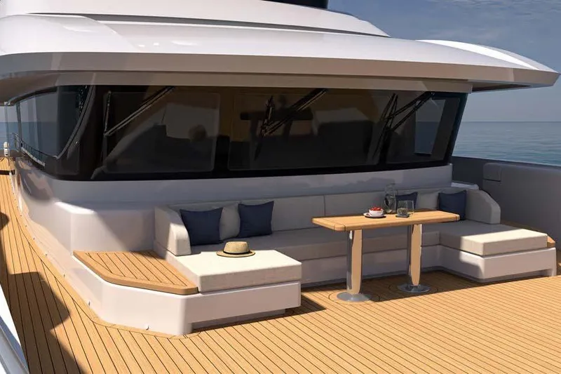 Presence Yacht Photos Pics Luxury yacht deck with seating area, Cantiere Delle Marche Acciaio 130, 2026 model.