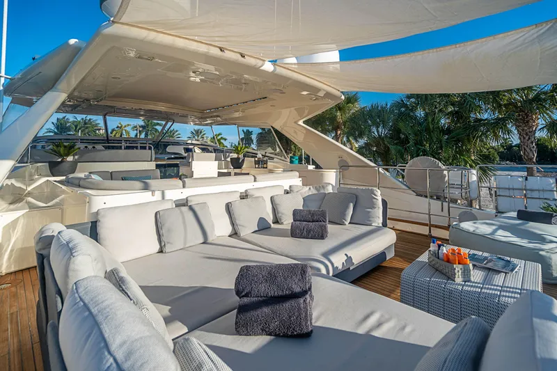 Patron Yacht Photos Pics Luxurious 2008 Ferretti Yachts Custom deck with plush seating and tropical views.