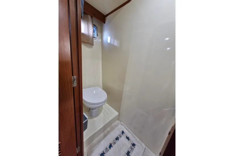 Mazu Yacht Photos Pics Compact bathroom in 2011 Adagio 58 yacht with wooden door and nautical-themed rug.