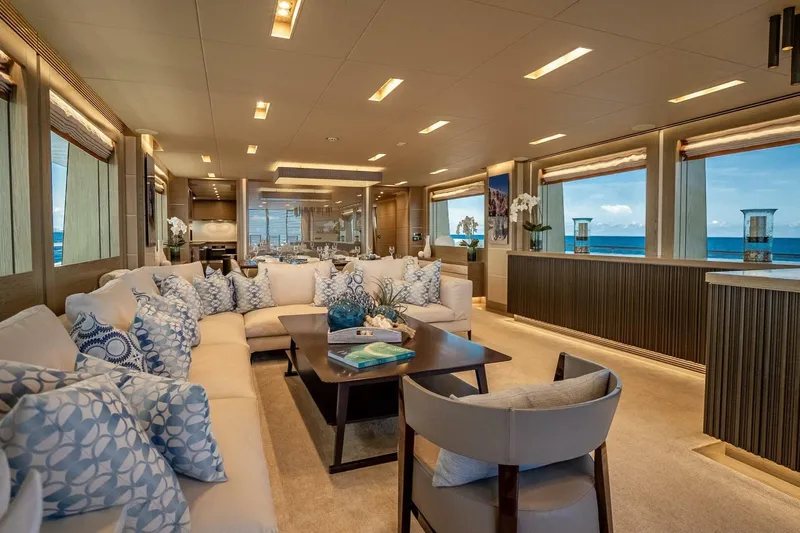 Short Story Yacht Photos Pics Luxurious interior of 2017 Horizon RP120 yacht with elegant seating and ocean views.