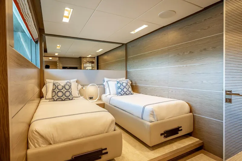 Short Story Yacht Photos Pics Luxurious twin bedroom in 2017 Horizon RP120 yacht with modern decor and elegant bedding.
