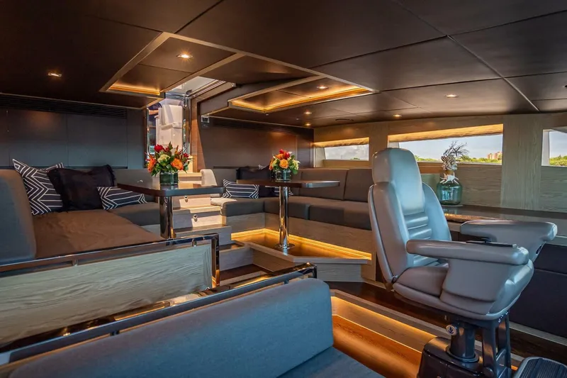 Short Story Yacht Photos Pics Luxurious interior of 2017 Horizon RP120 yacht with elegant seating and ambient lighting.