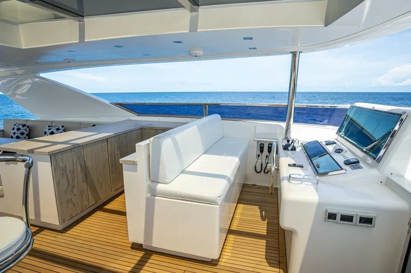 Short Story Yacht Photos Pics Luxurious Horizon RP120 yacht deck with modern seating and ocean view, 2017 model.