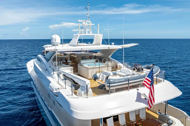 Short Story Yacht Photos Pics Luxurious 2017 Horizon RP120 yacht on open sea, featuring spacious deck and American flag.