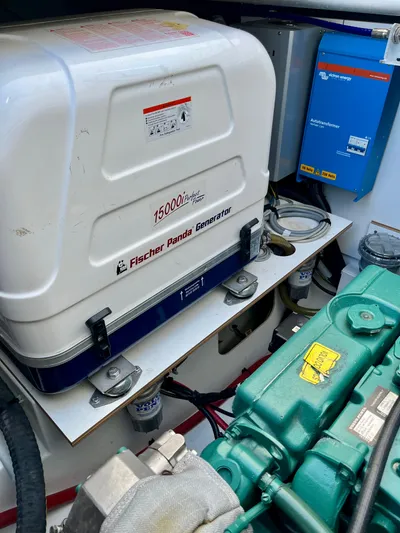 Bright Side Yacht Photos Pics Engine room of 2019 Fountaine Pajot Saona 47 with Fischer Panda generator.