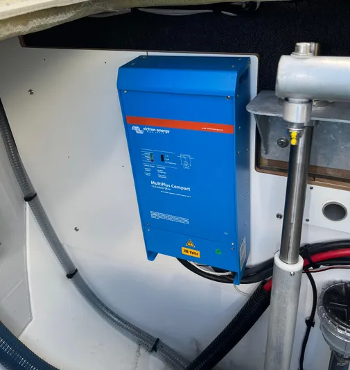 Bright Side Yacht Photos Pics Blue electrical unit in 2019 Fountaine Pajot Saona 47 yacht's engine room.