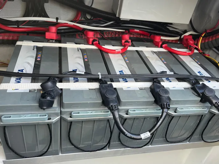 Bright Side Yacht Photos Pics Battery compartment of 2019 Fountaine Pajot Saona 47 catamaran with Varta batteries.