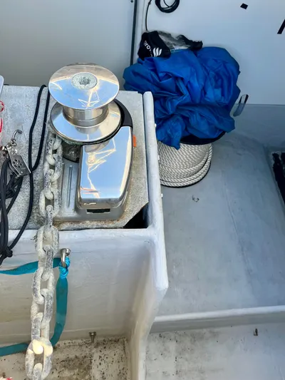 Bright Side Yacht Photos Pics Anchor winch and chain on 2019 Fountaine Pajot Saona 47 catamaran deck.