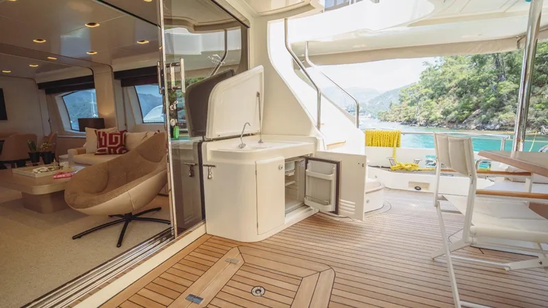  Yacht Photos Pics Luxurious 2013 Azimut 84 yacht interior with open deck, seating, and scenic ocean view.