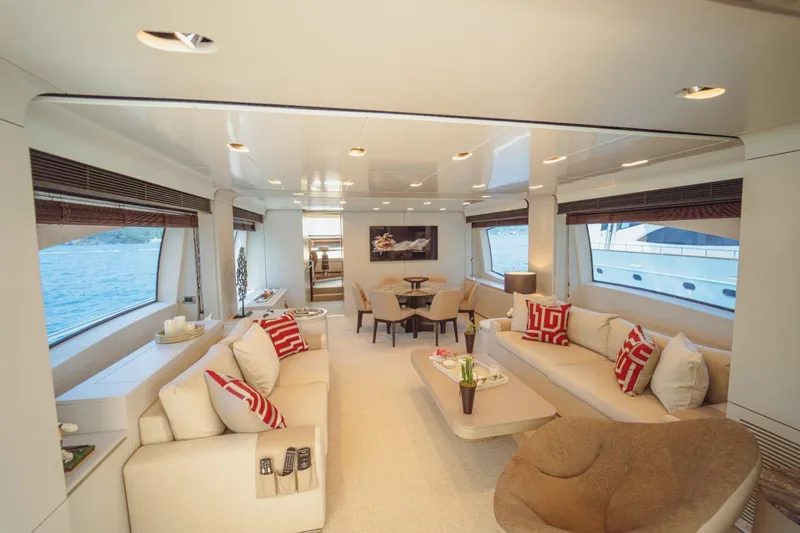  Yacht Photos Pics Luxurious interior of 2013 Azimut 84 yacht with elegant seating and large windows.