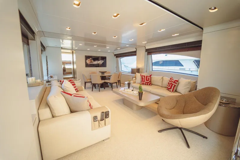 Yacht Photos Pics Luxurious interior of 2013 Azimut 84 yacht with modern seating and elegant decor.