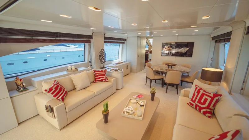  Yacht Photos Pics Luxurious interior of 2013 Azimut 84 yacht with elegant seating and modern decor.