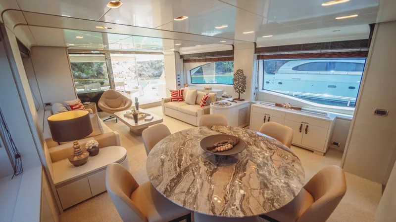  Yacht Photos Pics Luxurious interior of a 2013 Azimut 84 yacht with elegant seating and dining area.