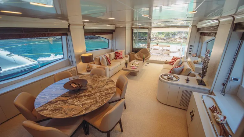  Yacht Photos Pics Luxurious interior of a 2013 Azimut 84 yacht with elegant seating and dining area.