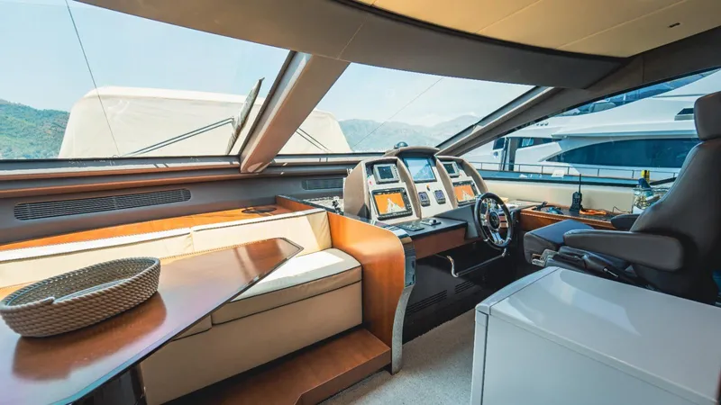  Yacht Photos Pics Luxurious 2013 Azimut 84 yacht interior with modern helm and panoramic windows.