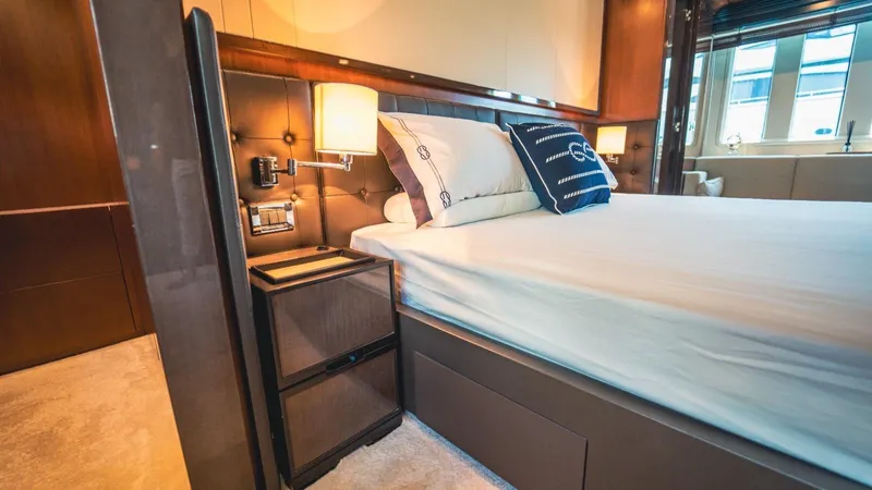  Yacht Photos Pics Luxurious bedroom interior of 2013 Azimut 84 yacht with elegant bedding and modern lighting.