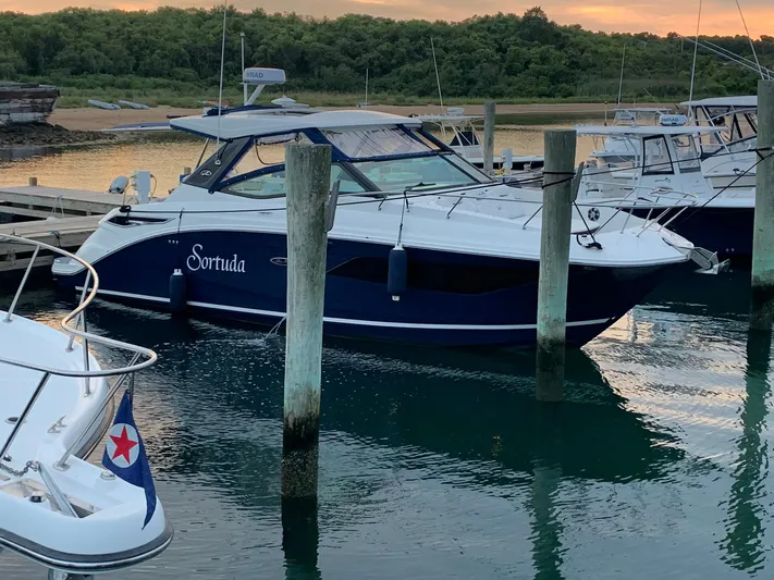 Sortuda Yacht Photos Pics 2020 Sea Ray Sundancer 320 docked at sunset.