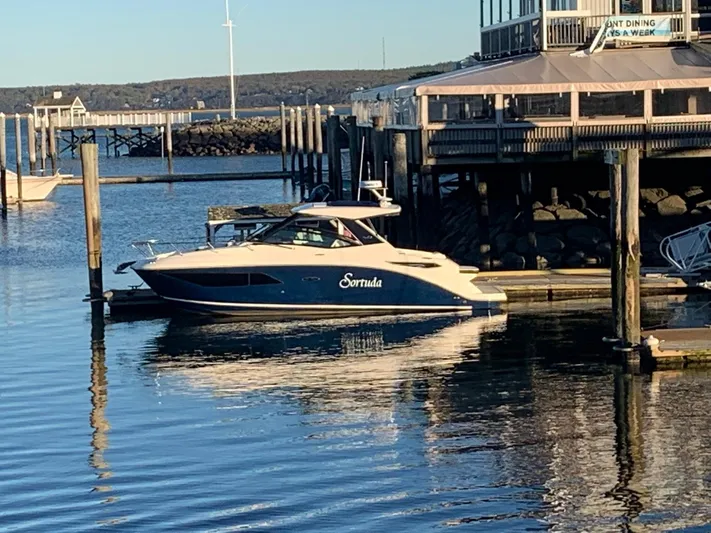 Sortuda Yacht Photos Pics 2020 Sea Ray Sundancer 320 docked at a marina.