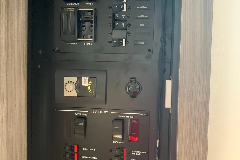 Sortuda Yacht Photos Pics Electrical control panel of a 2020 Sea Ray Sundancer 320 boat.