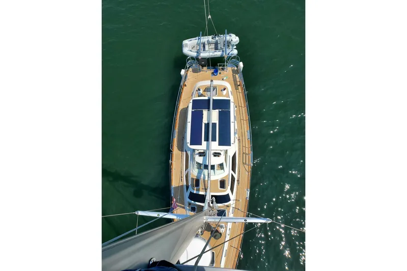 Centurion Yacht Photos Pics Aerial view of 2023 Bluewater 56 yacht with solar panels on deck.