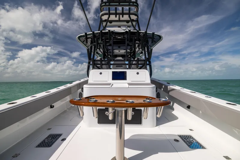  Yacht Photos Pics 2024 Freeman 42 LR boat deck with ocean view and clear sky.