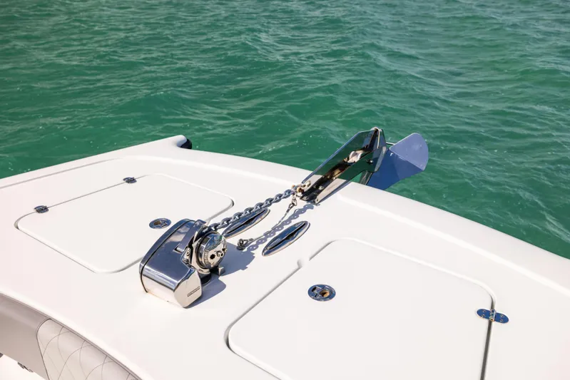  Yacht Photos Pics 2024 Freeman 42 LR boat anchor system on turquoise water.